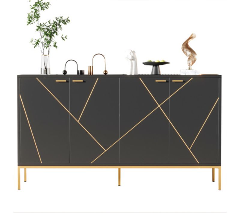Buffet De Saon Bas à 4 Portes, Pieds Et Poignées En Métal Doré, Noir