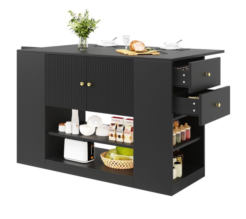Buffet De Cuisine Noir, Buffet Avec 2 Tiroirs, 3 Portes, Rangement Ouvert, Plateau Pliable