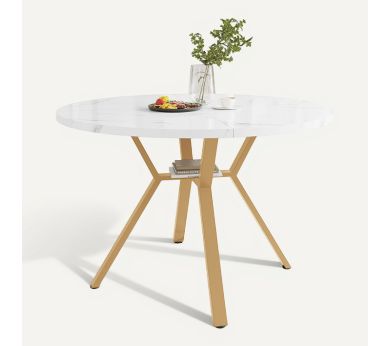 Table à Manger Ronde Blanche Avec Pieds En Métal Noir En Forme De X Et Plateau à Motifs En Marbre