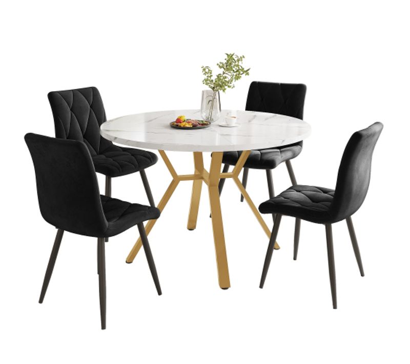Ensemble Table Et Chaises, Table à Manger Ronde Avec Pieds En Métal Et 4 Chaises En Velours Noir