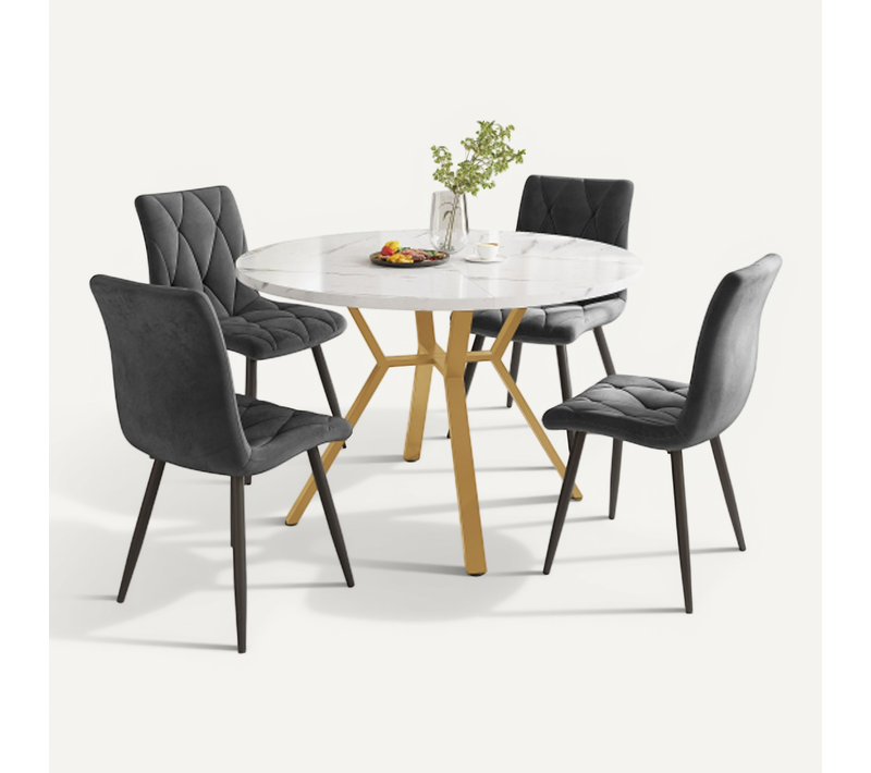 Ensemble Table Et Chaises, Table à Manger Ronde Avec Pieds En Métal Et 4 Chaises En Velours Gris