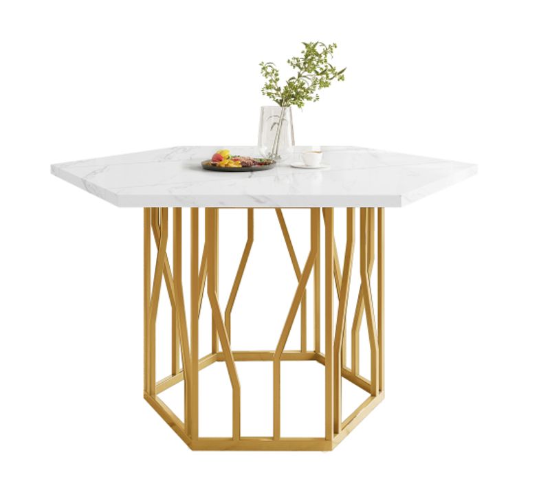 Table à Manger Hexagonale Blanche Avec Structure En Métal Doré, Plateau En Mdf à Motif Marbre