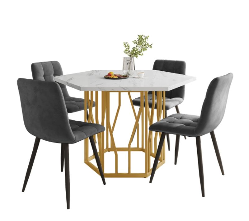 Ensemble Table Et Chaises, Table à Manger Hexagonale Avec Pieds Dorés Et 4 Chaises En Velours Gris