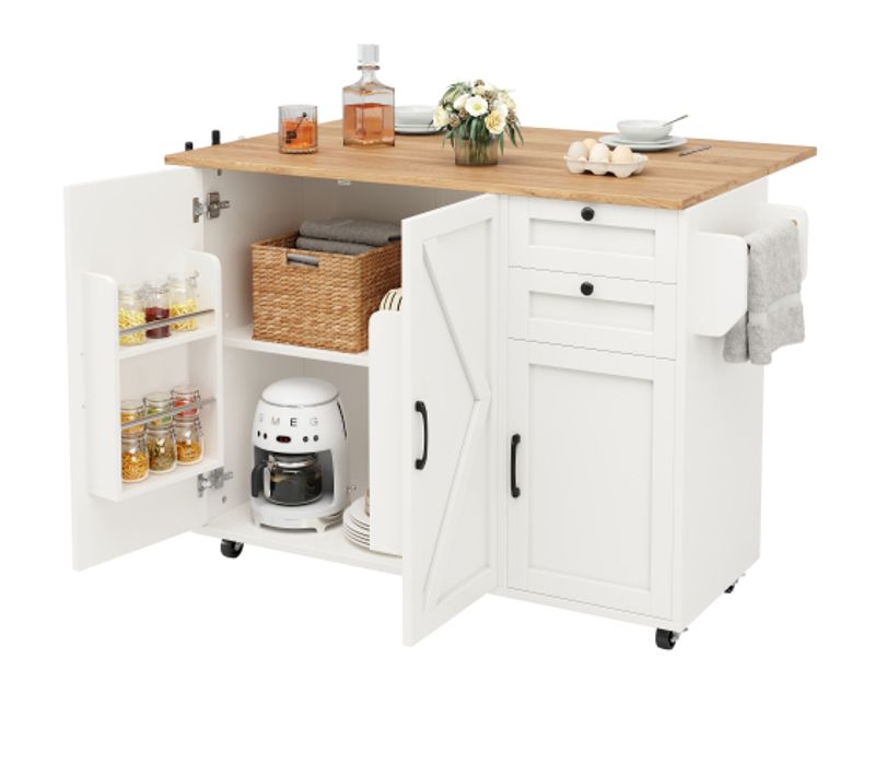 Desserte De Cuisine à 5 Roulettes, 2 Tiroirs, Plateau Pliant En Bois, Porte-serviettes, Blanc