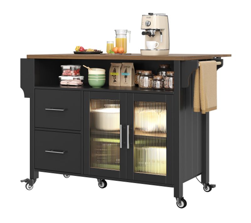Desserte De Cuisine à 5 Roulettes, 2 Tiroirs, LED, Rangement Ouvert, Plateau Pliant En Bois, Noir