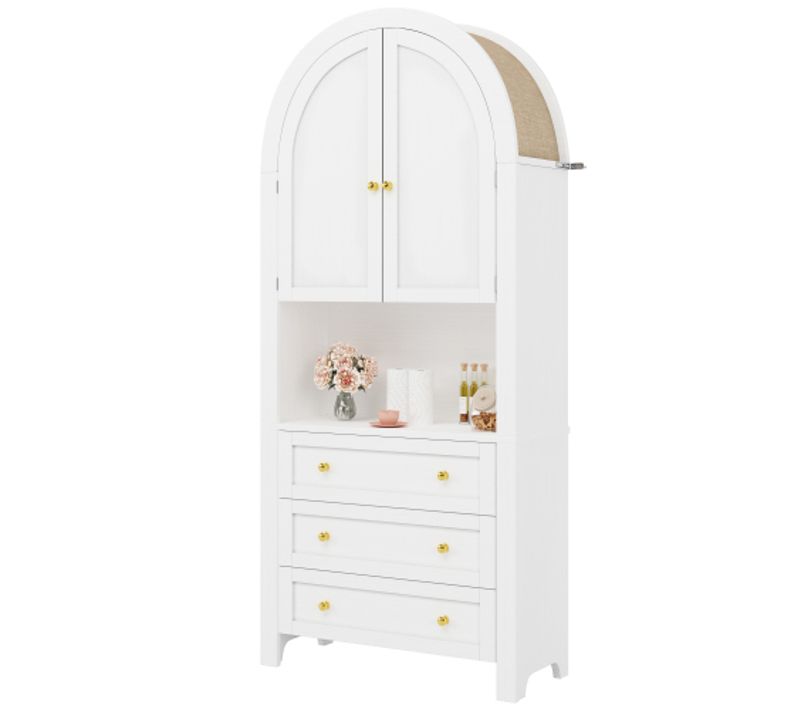 Buffet De Cuisine Blanc, Buffet Haut Avec 3 Tiroirs 2 Portes De Rangement Cintrées, Rangement Ouvert