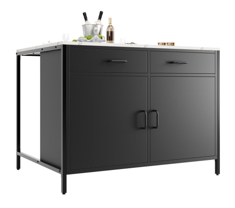 Buffet De Cuisine Noir Avec 2 Tiroirs, 2 Portes, Plateau Extensible Motif Marbre, Pieds Réglables