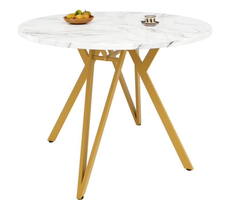 Table à Manger Ronde Avec Pieds En Métal Doré Et Plateau En Mdf, Pour Salon