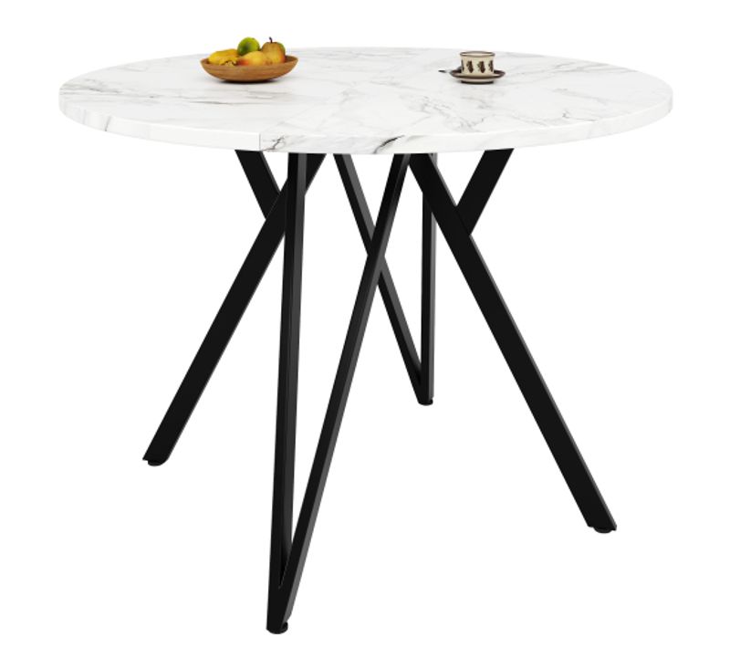 Table à Manger Ronde Blanche Avec Pieds En Métal Noir Et Plateau En Mdf, Pour Le Salon