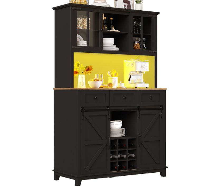 Buffet De Cuisine Noir, Buffet Haut Avec 3 Tiroirs, 4 Portes, LED, Casier à Vin, Rangement Ouvert
