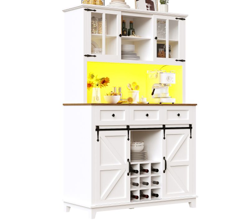 Buffet De Cuisine Blanc, Buffet Haut Avec 3 Tiroirs, 4 Portes, LED, Casier à Vin, Rangement Ouvert