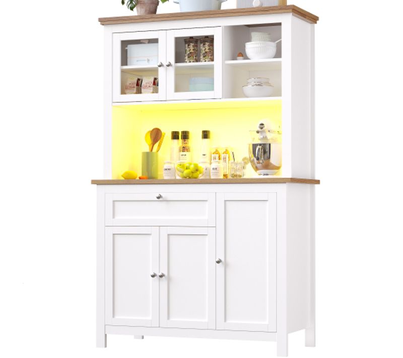 Buffet De Cuisine Blanc, Buffet Haut Avec 1 Tiroir, 5 Portes, Éclairage LED, Rangement Ouvert