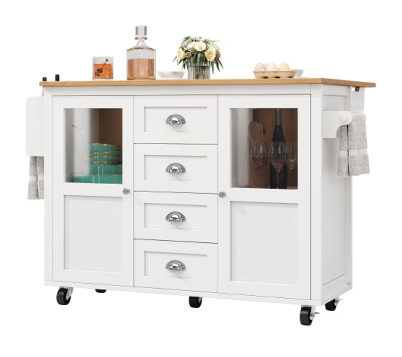 Desserte De Cuisine Extensible à 5 Roulettes Avec Porte-serviettes, 2 Portes, 4 Tiroirs, Blanc