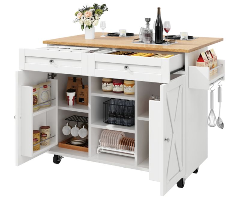 Desserte De Cuisine Extensible à 5 Roulettes Avec 2 Tiroirs, 2 Portes Et Étagère à Épices, Blanc