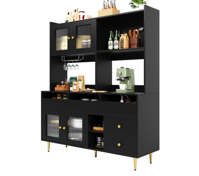 Buffet Haut Noir Avec 5 Tiroirs, Porte-verres à Vin, Des Rangements Ouverts