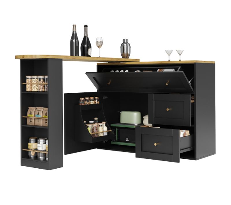 Table à Manger Rotative à 360 °, Table Avec Espace De Rangement, 2 Tiroirs, Étagère Latérale, Noir