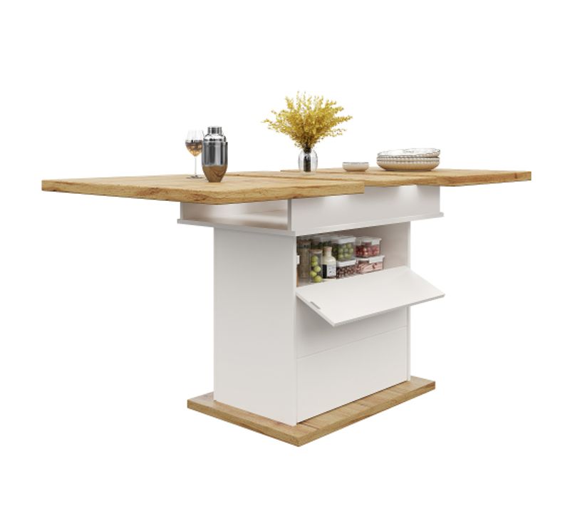 Table à Manger Extensible Rectangulaire Avec 2 Tiroirs, Casier, Couleur Bois Et Blanc