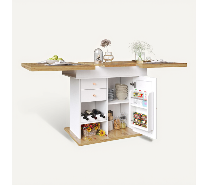 Table à Manger Extensible Rectangulaire, Table Avec 2 Portes, Tiroir, Casier à Vin, Blanc Et Bois
