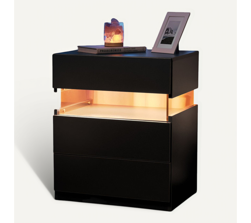 Chevet Noir Éclairage LED Et 3 Tiroirs, Meuble De Rangement Chambre