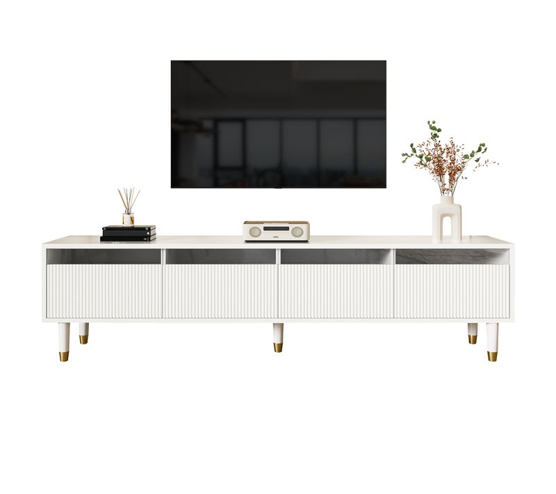 Meuble TV178cm,bas à Poser,pied De Support,led,4 Tiroirs,mdf+acrylique,blanc
