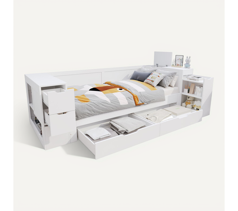 Lit Enfant 90x200 Cm Bois Blanc 4 Tiroirs, Étagères, Chevet Et Rangement, Sommier