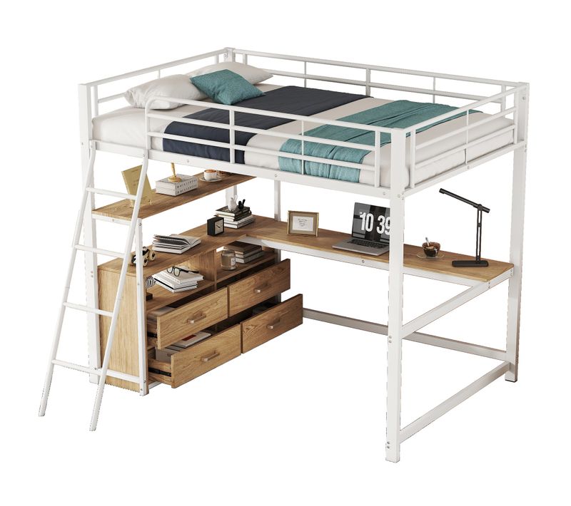 Lit Mezzanine Double 140x200 Cm En Métal Blanc Avec Bureau, Étagères Et 4 Tiroirs De Rangement