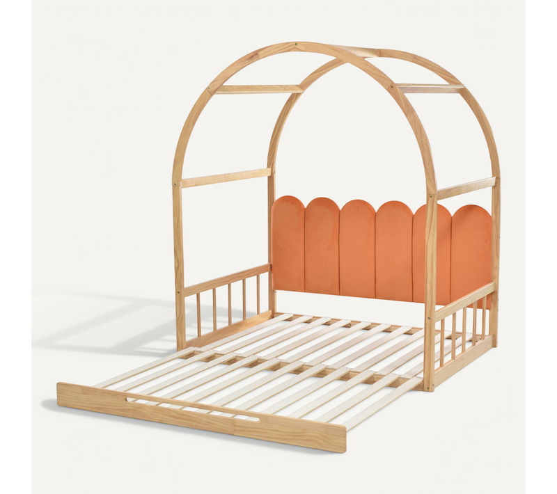 Lit Enfant Extensible 140x100/200 Cm, Barrières De Sécurité, Cadre En Bois Naturel, Velours Orange