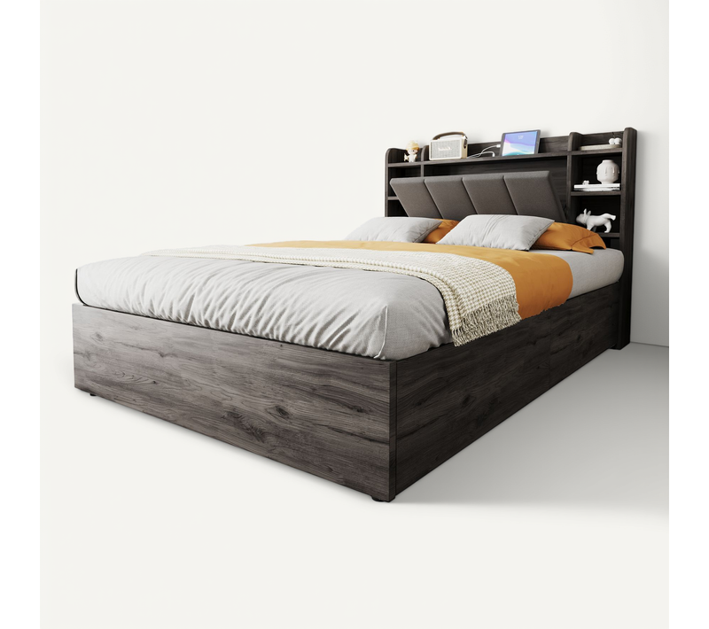 Lit Coffre 140x200 Cm Imitation Bois Et Gris, Prises USB, Tête De Lit Avec Rangement