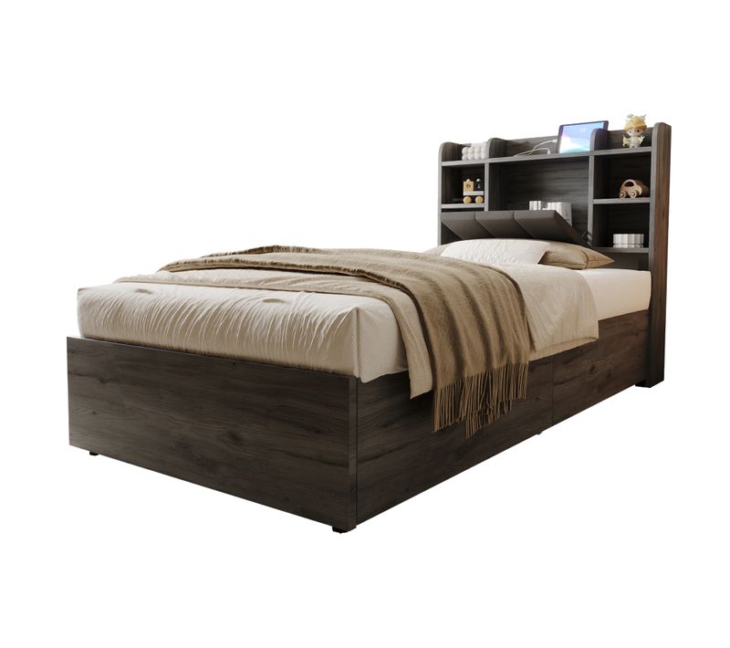 Lit Coffre Enfant 90x200 Cm Hydraulique Avec Ports USB/type-c, Rangement, Sommier, Mdf Bois