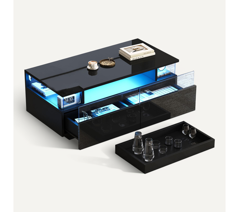 Table Basse Noire Laqué Avec LED, Rangement, 2 Tiroirs, Plateau Amovible