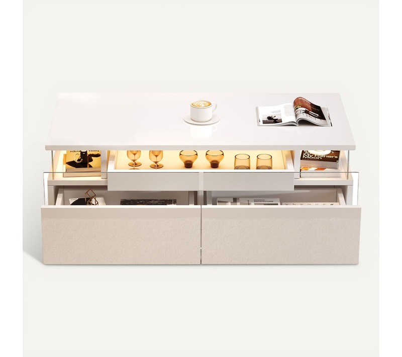 Table Basse Blanche LED Avec Plateau Amovible, 2 Tiroirs, Rangement, Verre Trempé