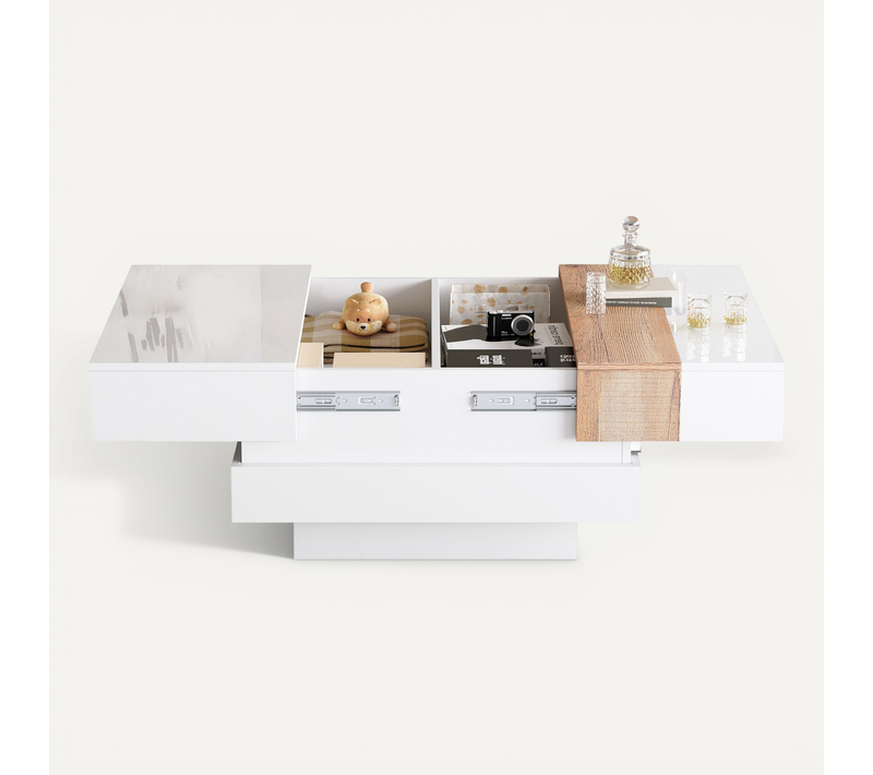 Table Basse Carrée Blanche Et Bois Avec Plateau Rétractable Et Rangement Caché