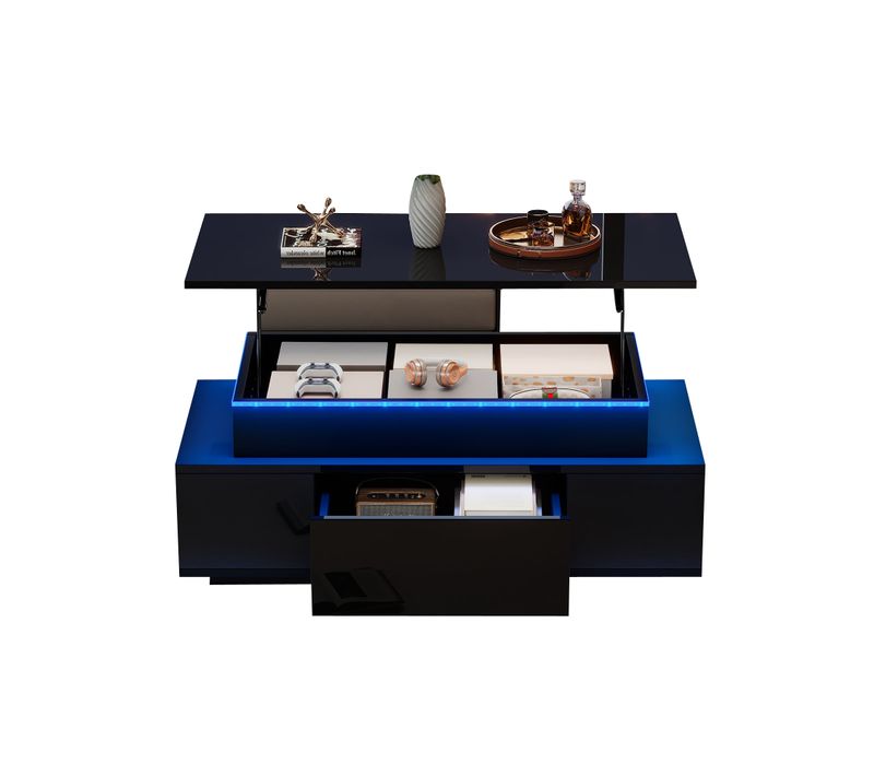 Table Basse Noire Brillante Plateau Relevable Avec Tiroir, Éclairage LED Et Rangement Caché