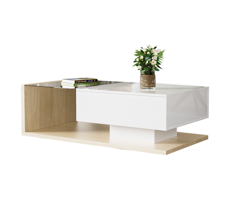 Table Basse Rectangulaire Blanc Et Bois Avec 1 Tiroir Et Éclairage LED, Plateau En Verre