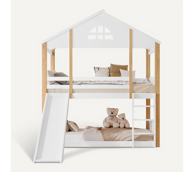 Lit Superposé Enfant 90x200cm Cabane Forme Maison Avec Barrières, Toboggan Et Échelle, Bois Blanc