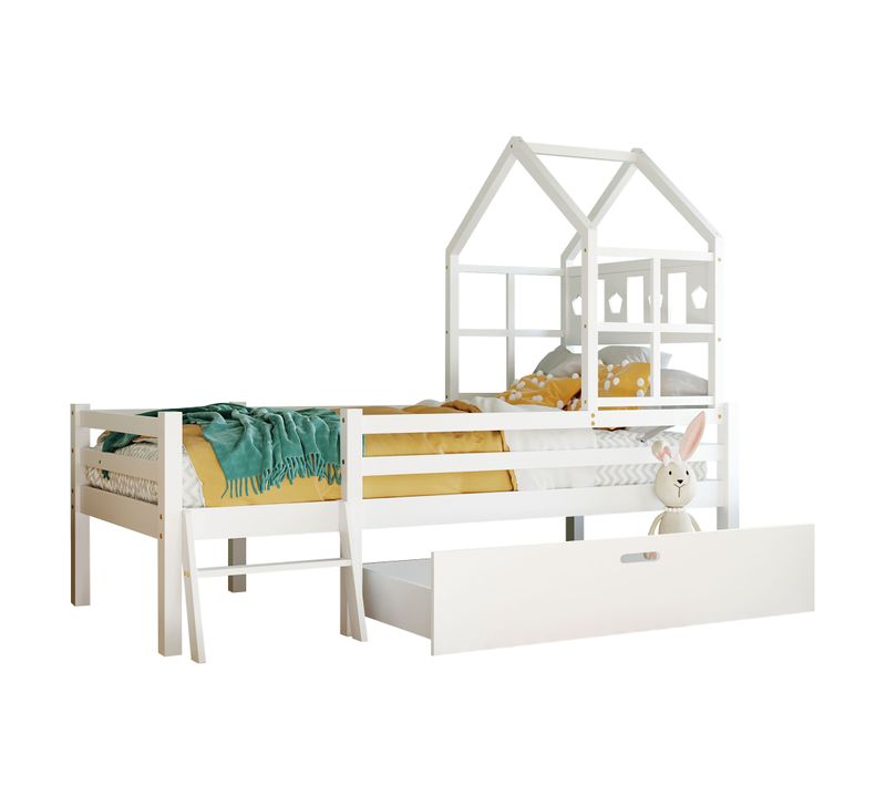 Lit Cabane Enfant 90x200cm Mi-haut Avec Échelle Sécurisée Et Tiroir De Rangement, En Bois Blanc