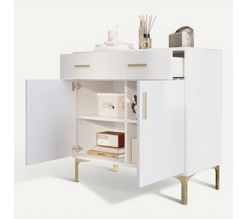 Buffet De Salon Avec 2 Portes Et 2 Tiroirs, Poignées Et Pieds En Métal Doré, Blanc