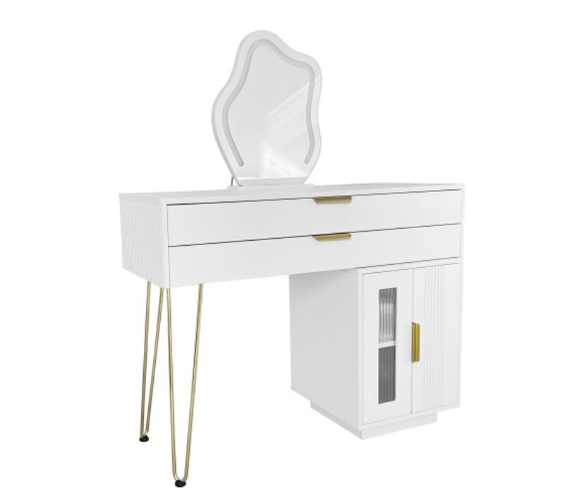 Coiffeuse Blanche Avec Miroir Éclairé Par LED, 2 Tiroirs, 2 Portes, Sans Tabouret