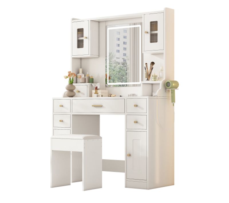 Coiffeuse Blanche Avec LED Réglable Et Prise Électrique, Miroir, 6 Tiroirs Et 4 Portes, Tabouret