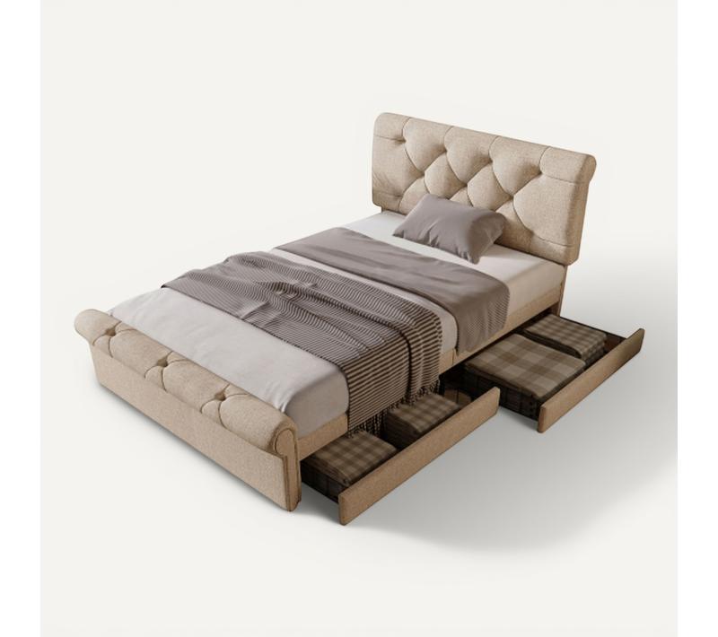Lit Enfant 90x200 Cm, Lit Simple Avec 2 Tiroirs, Tête De Lit Réglable En Hauteur, En Lin, Naturel