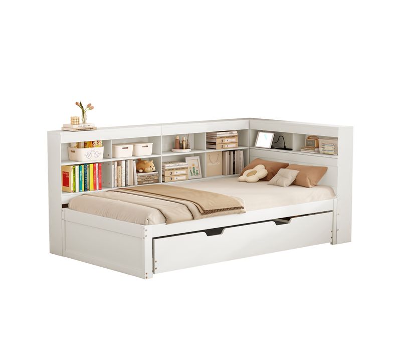 Lit Enfant Gigogne 90x200/190 Cm En Bois Avec Étagères, Rangement, Prise USB, Blanc
