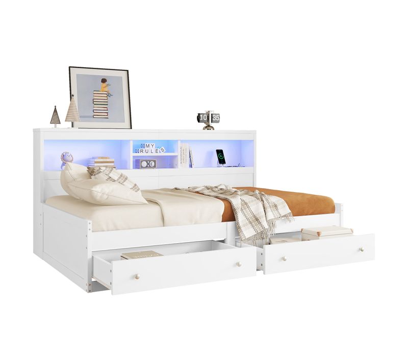 Lit Enfant 90x200 Cm Avec 2 Tiroirs, Prises USB, LED, Rangement, Mdf Blanc