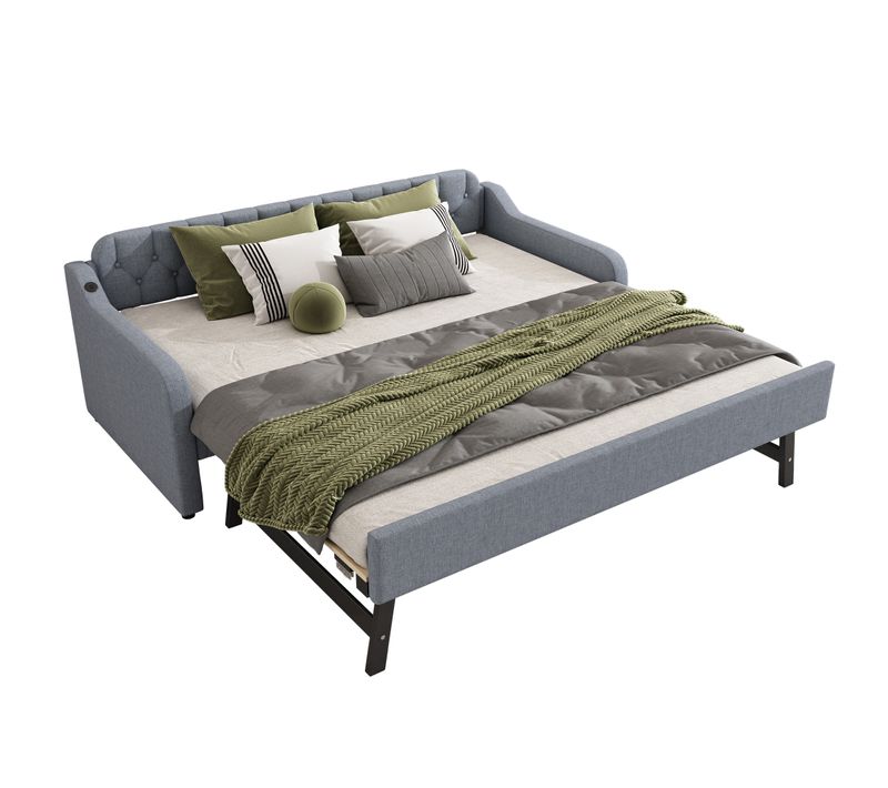 Lit Enfant Gigogne 90x200 Cm Extensible 180x200 Cm Avec Ports USB, Lin Gris