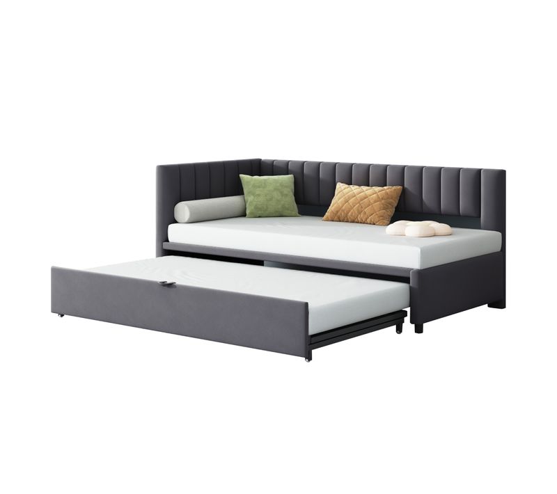 Lit Enfant Gigogne 90x200cm Extensible 180x200cm Avec Sommier En Velours Gris