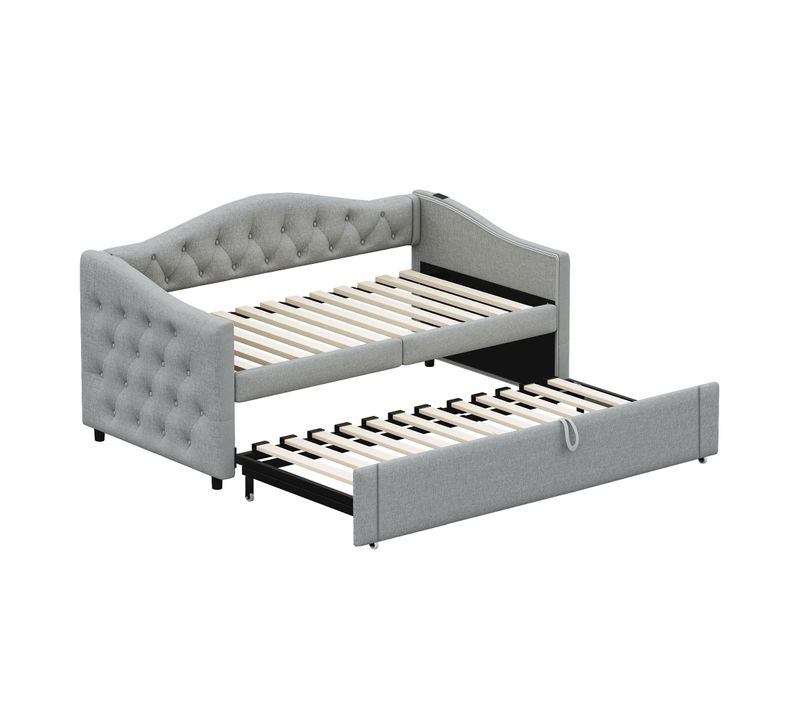 Lit Enfant Gigogne 90x200 Cm, Canapé-lit Extensible Avec Port USB Et Sommier à Lattes, Lin Gris
