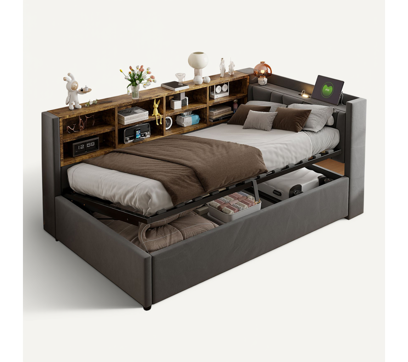 Lit Coffre Enfant 90x200 Cm, Lampe LED, Ports De Charge, Étagères De Rangement, Velours Gris