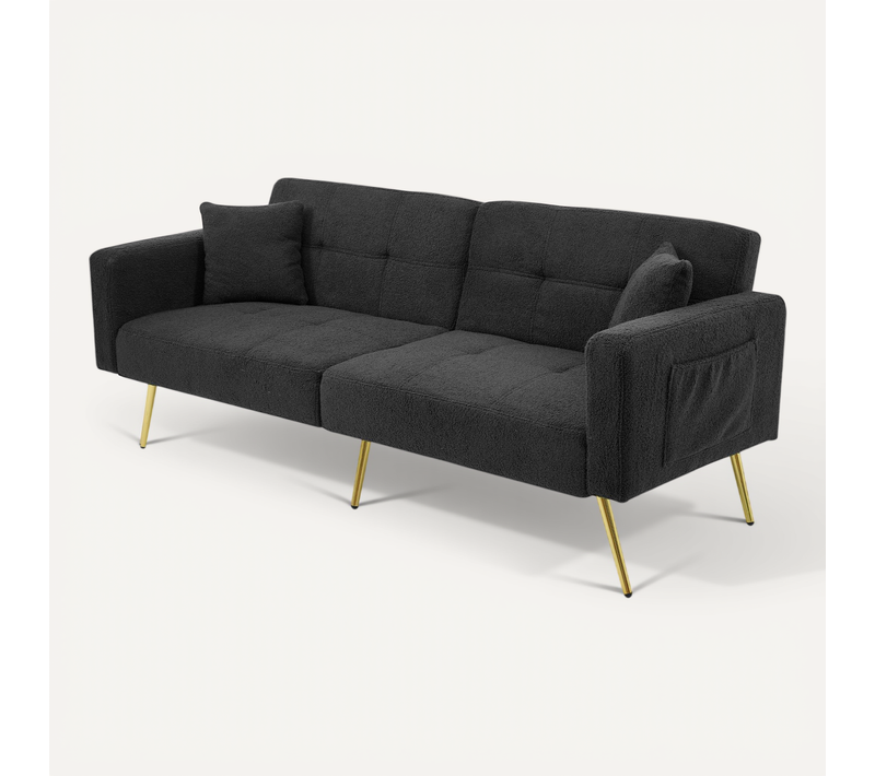 Canapé Convertible Gris Antique 2 Places Tissu Sherpa, Pieds Dorés, Dossier Réglable Et Poches