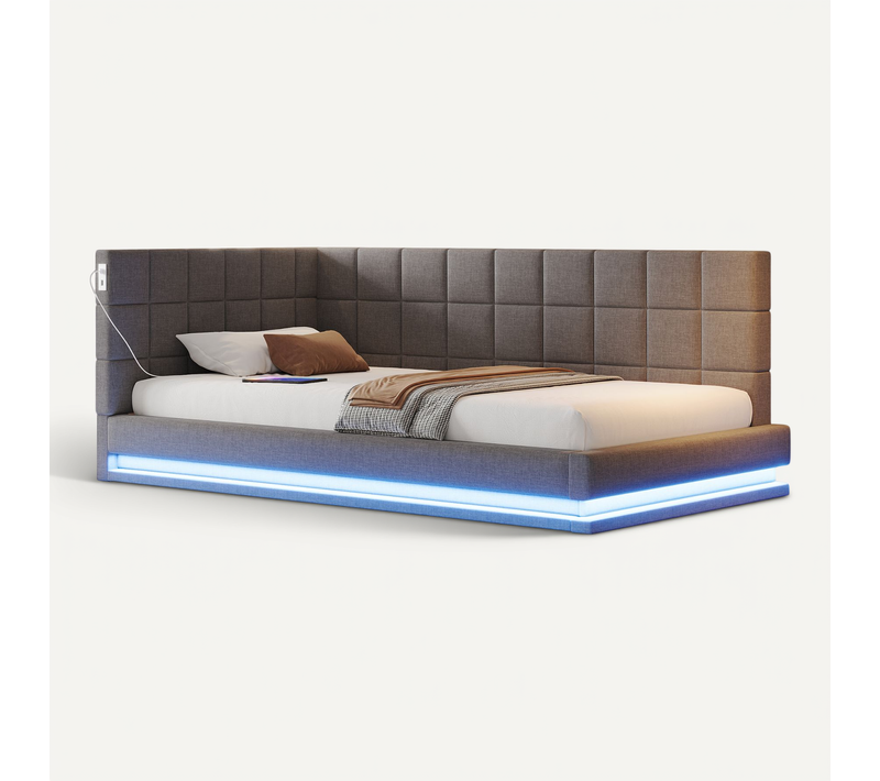 Lit Enfant 90x200 Cm Avec Éclairage LED Et Ports USB, Canapé-lit En Velours Gris