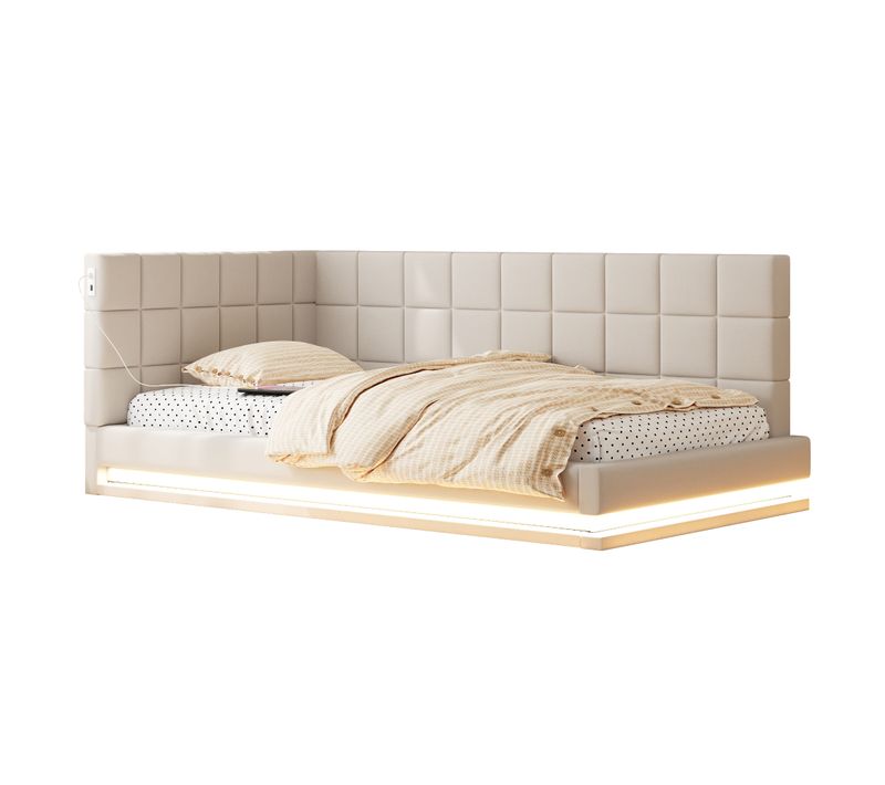 Lit Enfant Simple 90x200 Cm Avec LED, Ports USB, Sommier à Lattes, Velours Beige