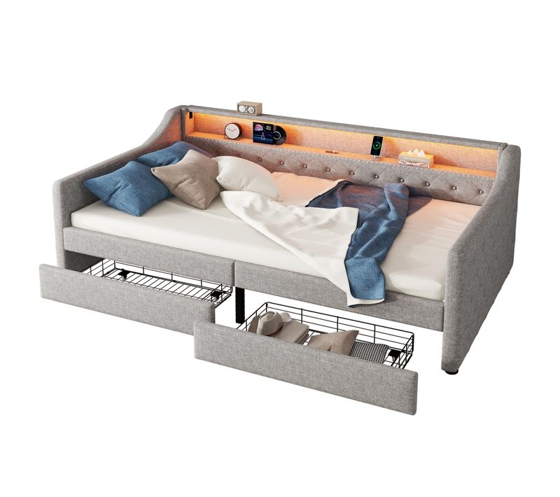 Lit Enfant 90x200 Cm Avec Sommier Et 2 Tiroirs De Rangement, LED, Prises USB, Étagères, Lin Gris